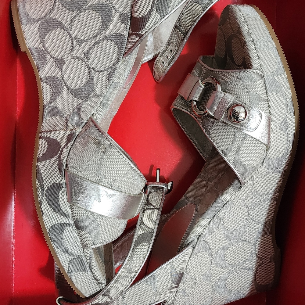 Coach Silver and Gray Patterned Wedges